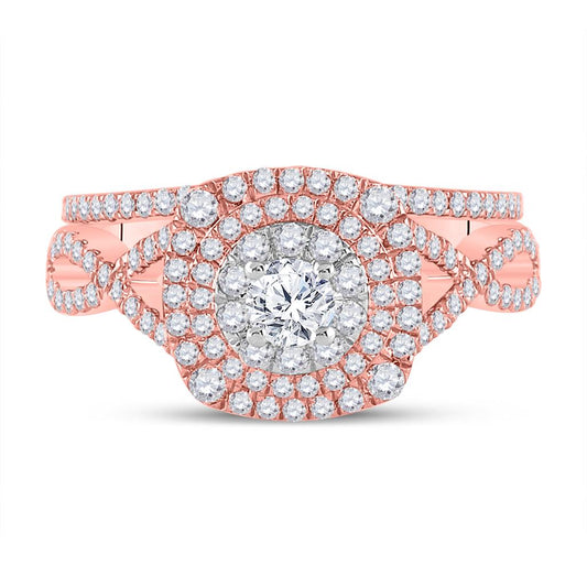 14k Two-tone Gold Round Diamond Halo Bridal Wedding Ring Set 1-1/3 Cttw (Certified)
