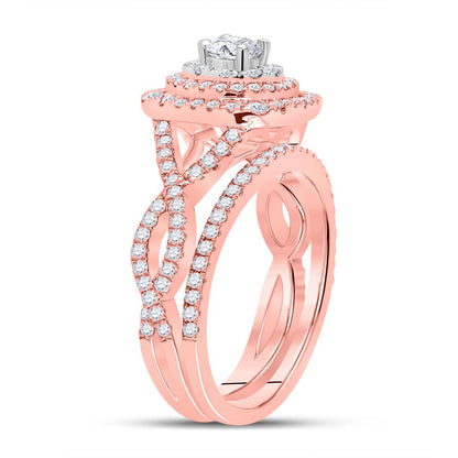 14k Two-tone Gold Round Diamond Halo Bridal Wedding Ring Set 1-1/3 Cttw (Certified)