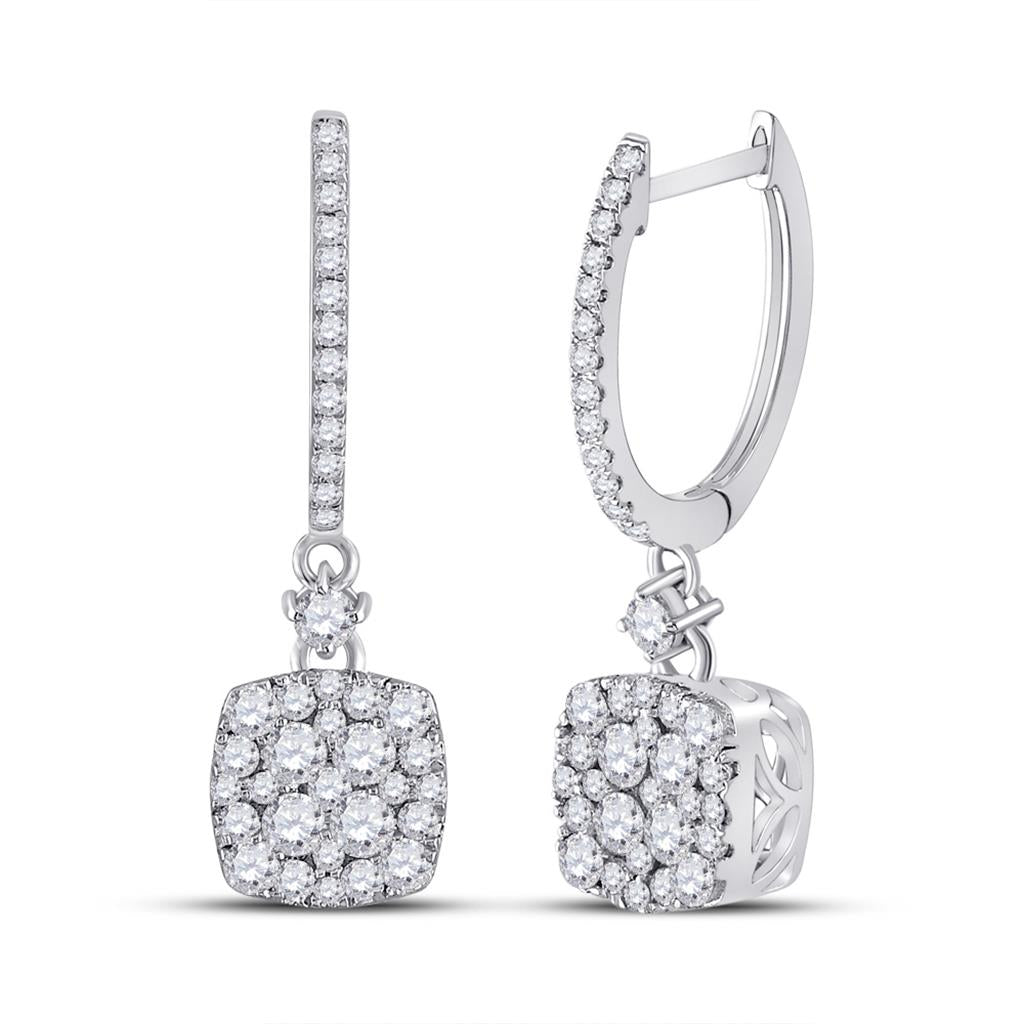 14k White Gold Round Diamond Square Dangle Earrings 1 Cttw