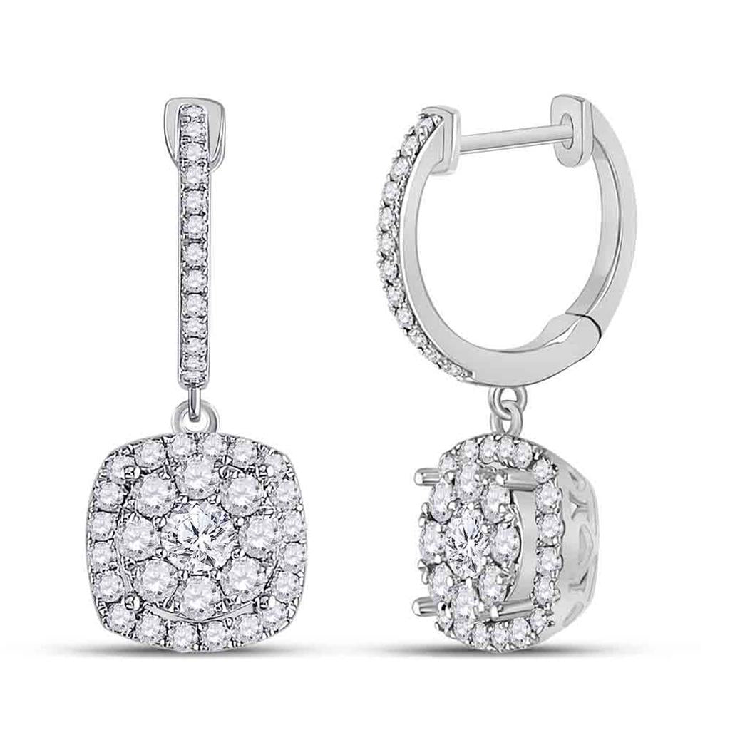 14k White Gold Round Diamond Hoop Square Dangle Earrings 1 Cttw