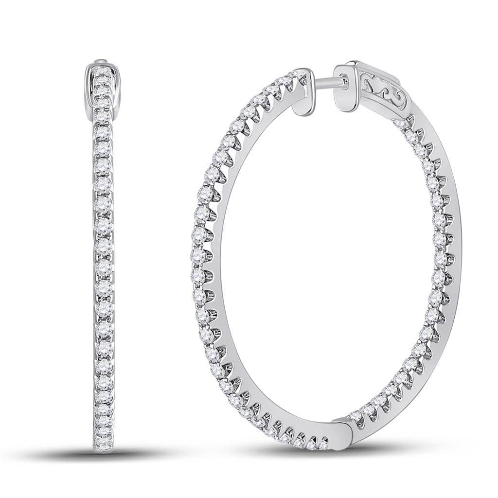 14k White Gold Round Diamond Slender Single Row Hoop Earrings 1-1/2 Cttw
