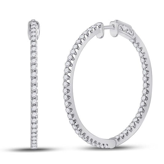 14k White Gold Round Diamond Slender Single Row Hoop Earrings 1-1/2 Cttw