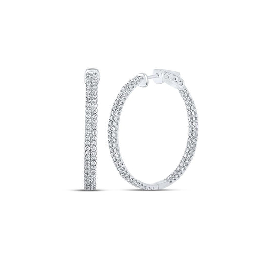 14k White Gold Round Diamond Double Row Hoop Earrings 2 Cttw