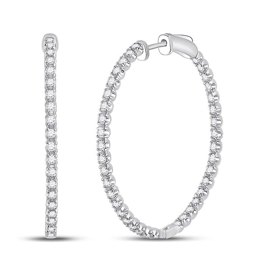 14k White Gold Round Diamond Inside-Outside Hoop Earrings 1-5/8 Ctw