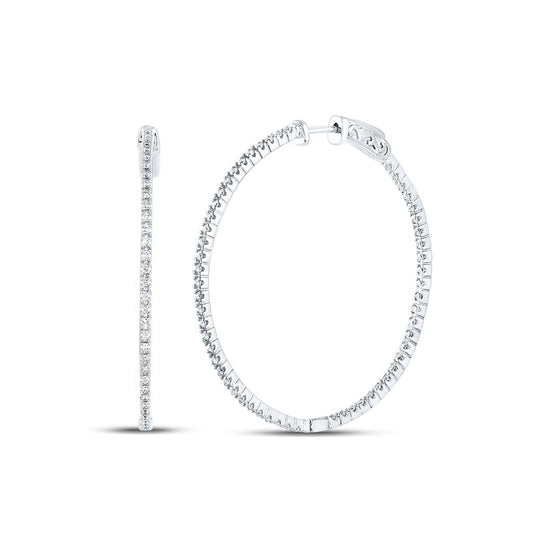 14k White Gold Round Diamond Inside-Outside Hoop Earrings 7/8 Ctw