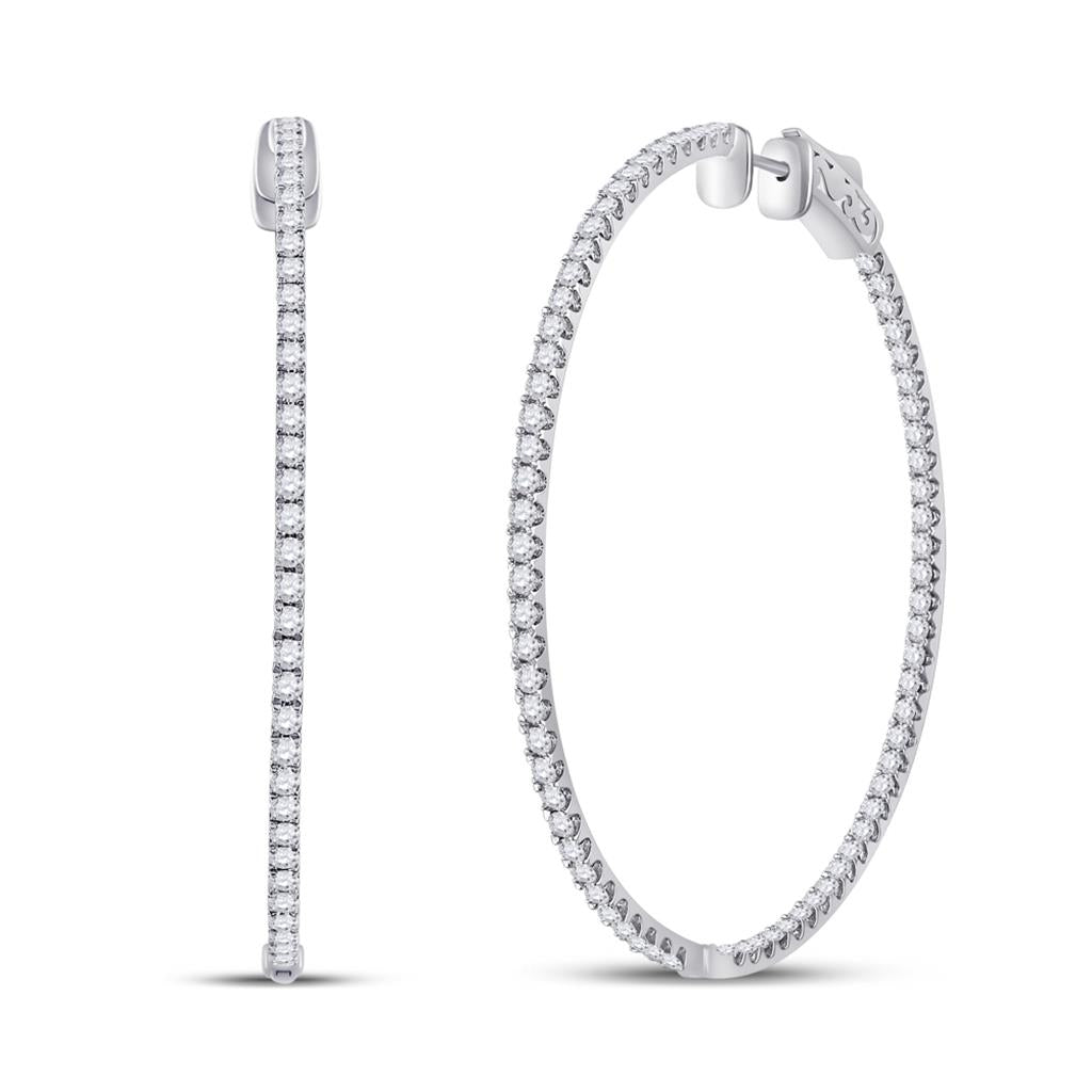 14k White Gold Round Diamond Inside-Outside Hoop Earrings 3-1/3 Cttw