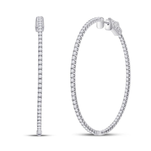 14k White Gold Round Diamond Inside-Outside Hoop Earrings 3-1/3 Cttw