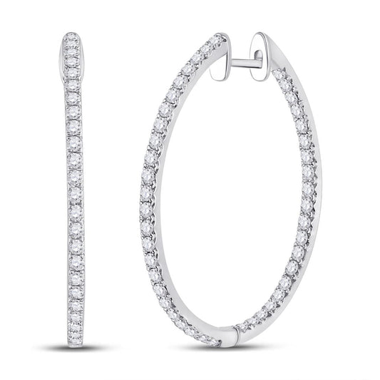 14k White Gold Round Diamond Slender Single Row Hoop Earrings 1-1/2 Cttw