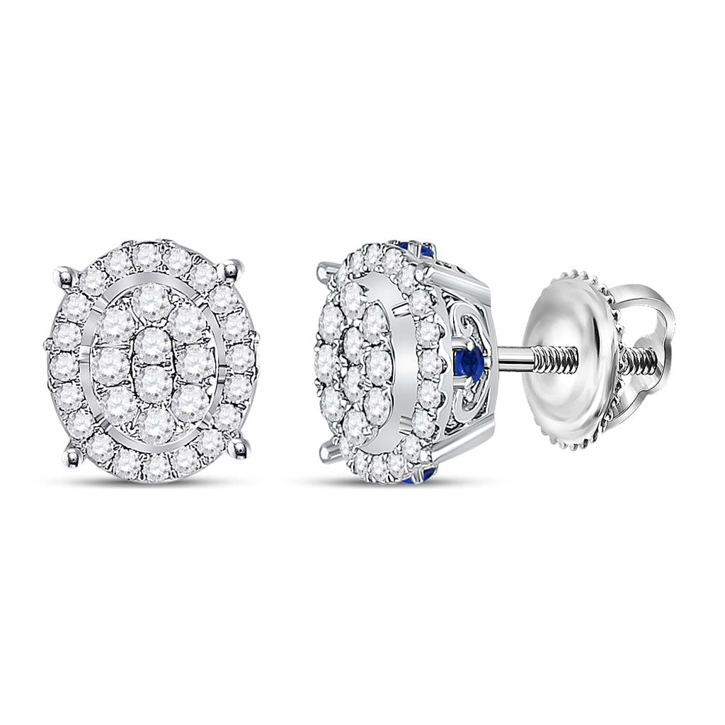 14k White Gold Round Diamond Blue Sapphire Oval Earrings 3/4 Cttw