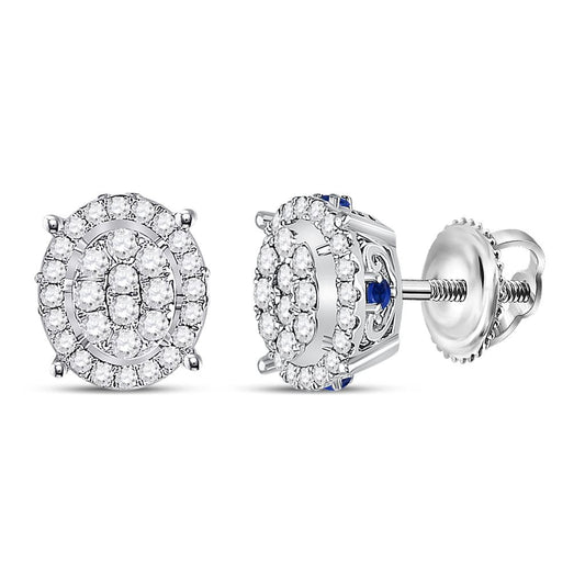14k White Gold Round Diamond Blue Sapphire Oval Earrings 3/4 Cttw