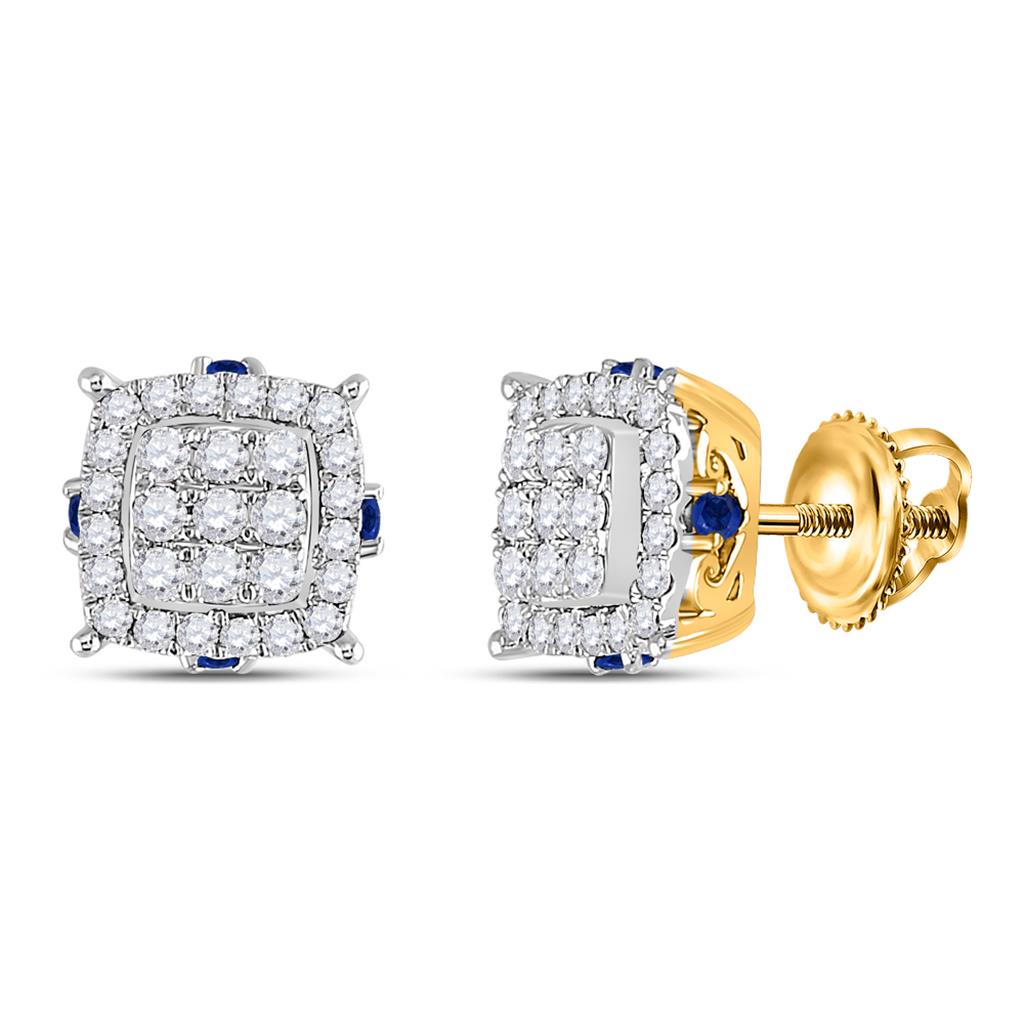 14k Yellow Gold Round Diamond Blue Sapphire Square Earrings 5/8 Cttw