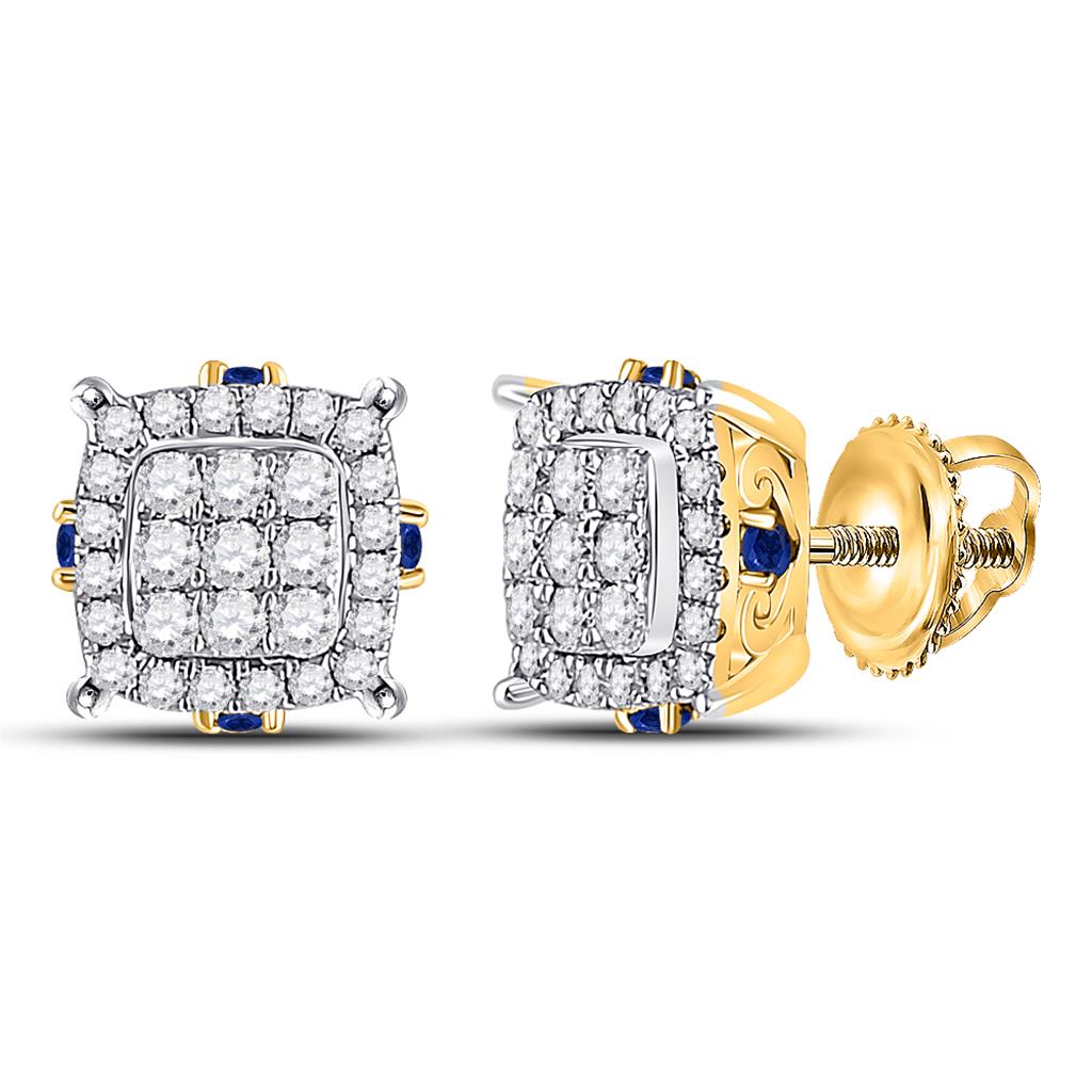 14k Yellow Gold Round Diamond Blue Sapphire Square Earrings 3/4 Cttw