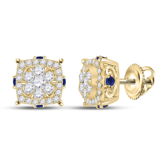 14k Yellow Gold Round Diamond Blue Sapphire Cluster Earrings 5/8 Cttw