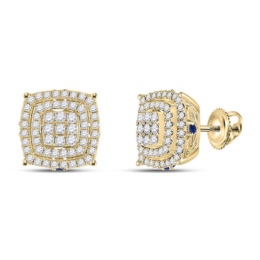 14k Yellow Gold Round Diamond Blue Sapphire Square Earrings 7/8 Cttw