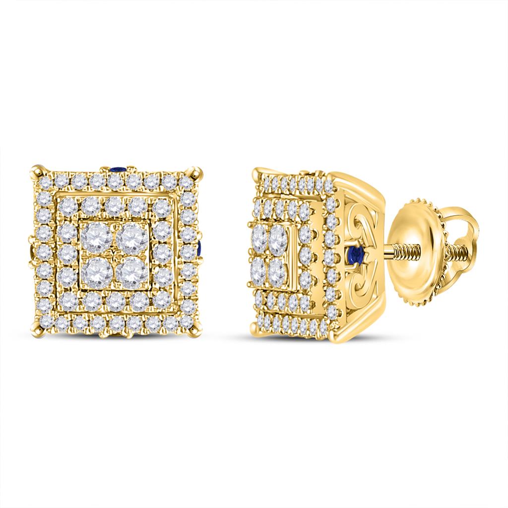 14k Yellow Gold Round Diamond Blue Sapphire Square Earrings 1 Cttw
