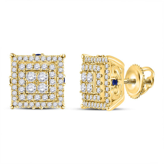 14k Yellow Gold Round Diamond Blue Sapphire Square Earrings 1 Cttw