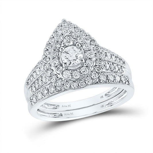 14k White Gold Round Diamond Pear Bridal Wedding Ring Set 1 Cttw (Certified)