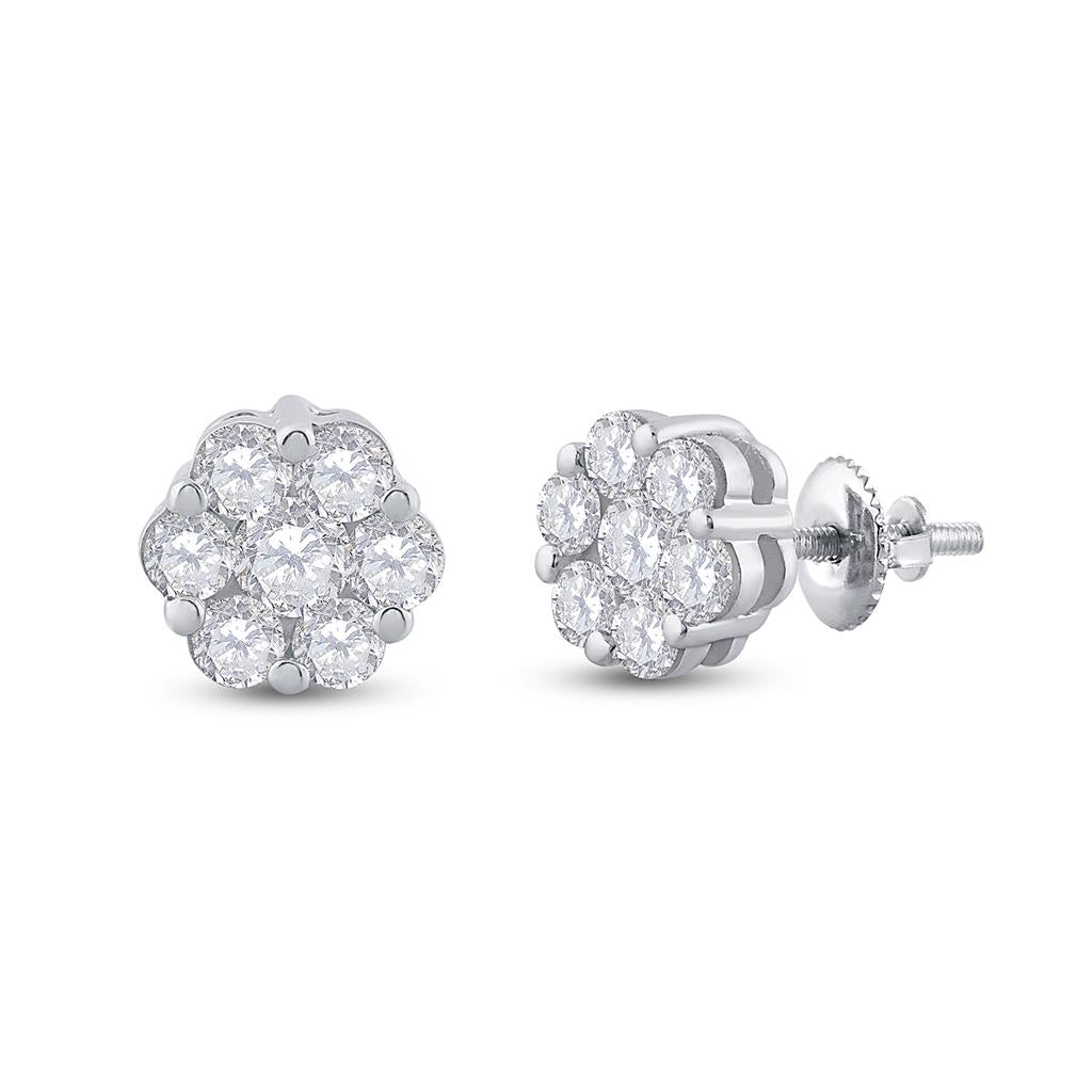 14k White Gold Round Diamond Flower Cluster Earrings 3/4 Cttw