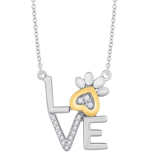 10k Two-tone Gold Round Diamond Paw Love Fashion Necklace 1/20 Cttw