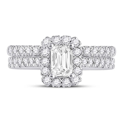 14k White Gold Emerald Diamond Bridal Wedding Ring Set 1-1/2 Cttw (Certified)