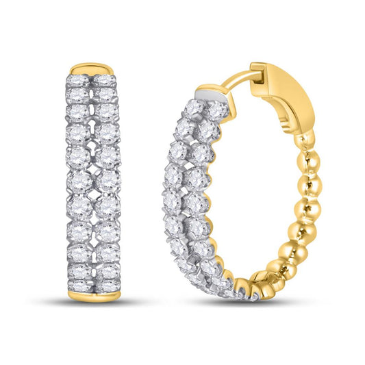 14k Yellow Gold Round Diamond Double Row Hoop Earrings 2 Cttw