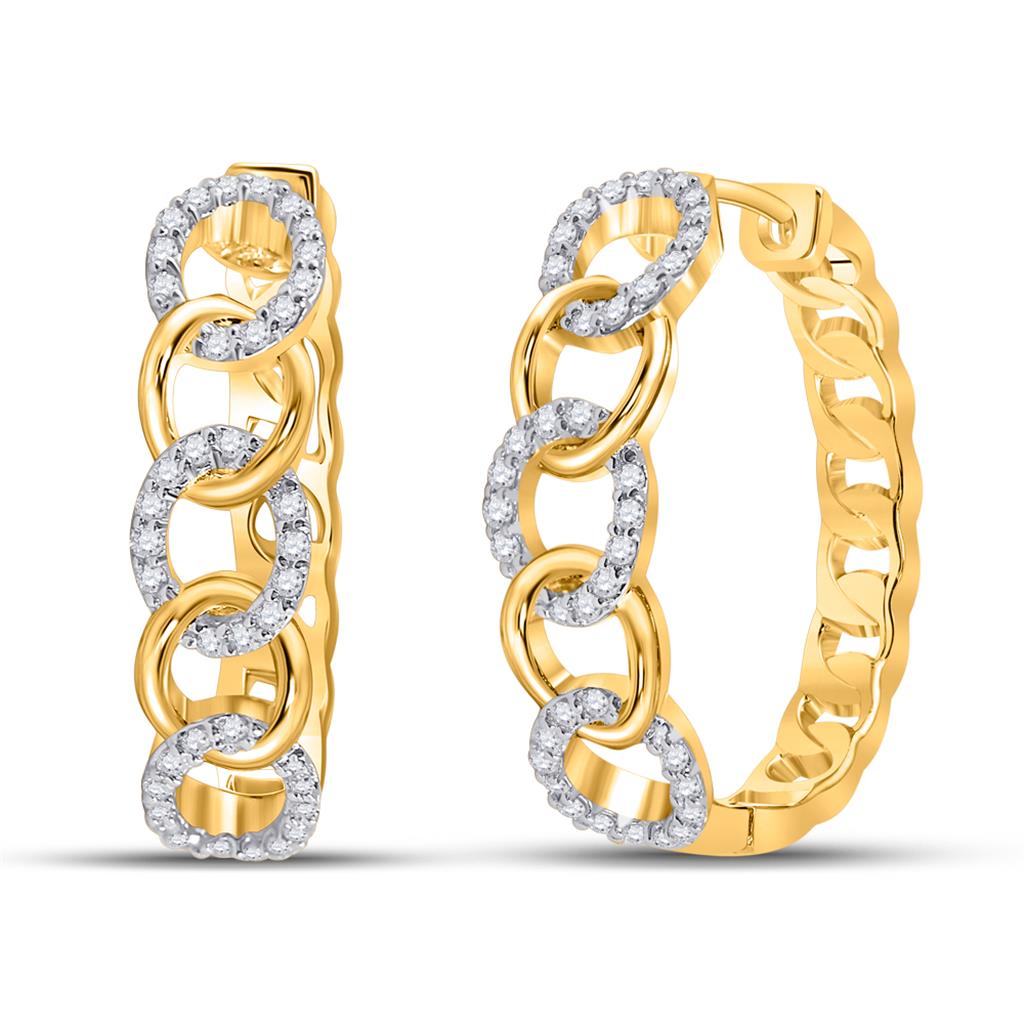 10k Yellow Gold Round Diamond Cuban Curb Link Hoop Earrings 1/5 Cttw