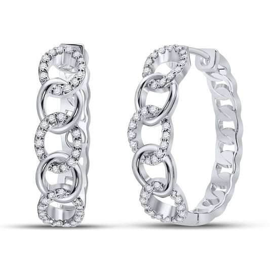 14k White Gold Round Diamond Cuban Curb Link Hoop Earrings 1/5 Cttw