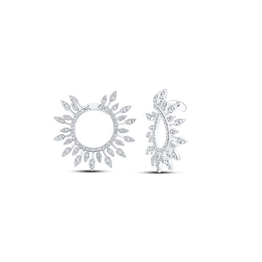 14k White Gold Round Diamond Sunburst Hoop Earrings 1 Cttw