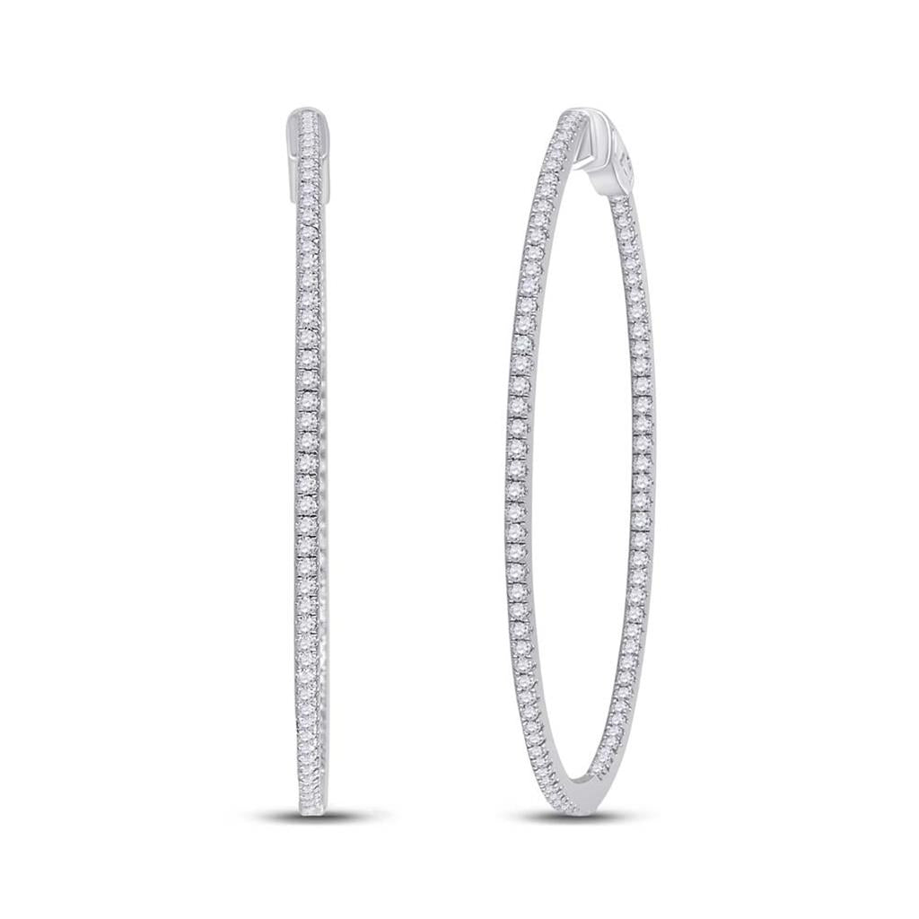 14k White Gold Round Diamond Hoop Earrings 1-3/4 Cttw