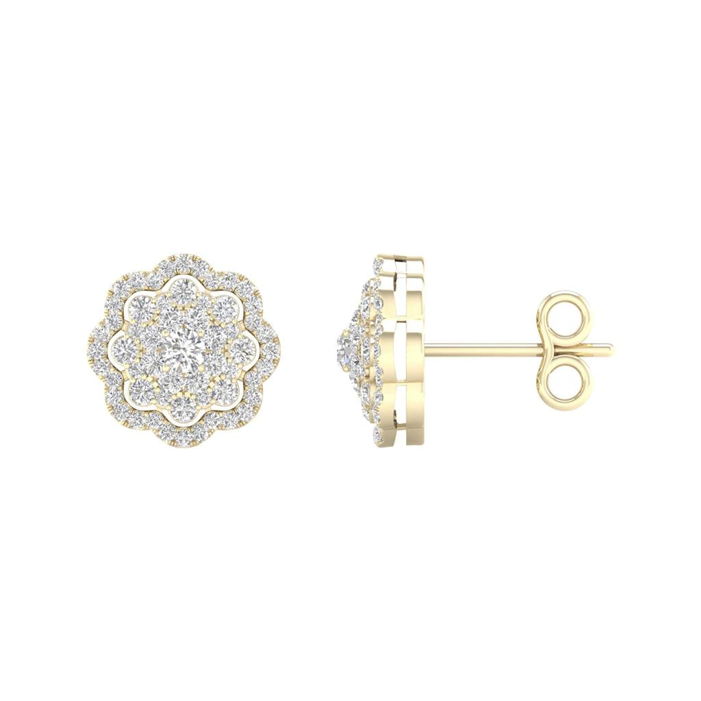 14k Yellow Gold Round Diamond Cluster Earrings 1/2 Cttw