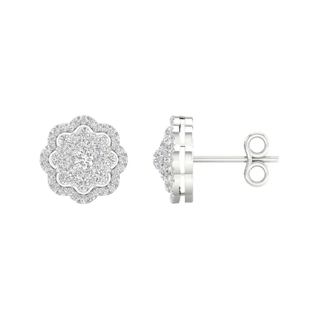 14k White Gold Round Diamond Cluster Earrings 1/2 Cttw