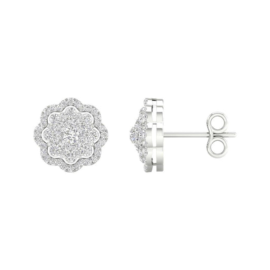 14k White Gold Round Diamond Cluster Earrings 1/2 Cttw