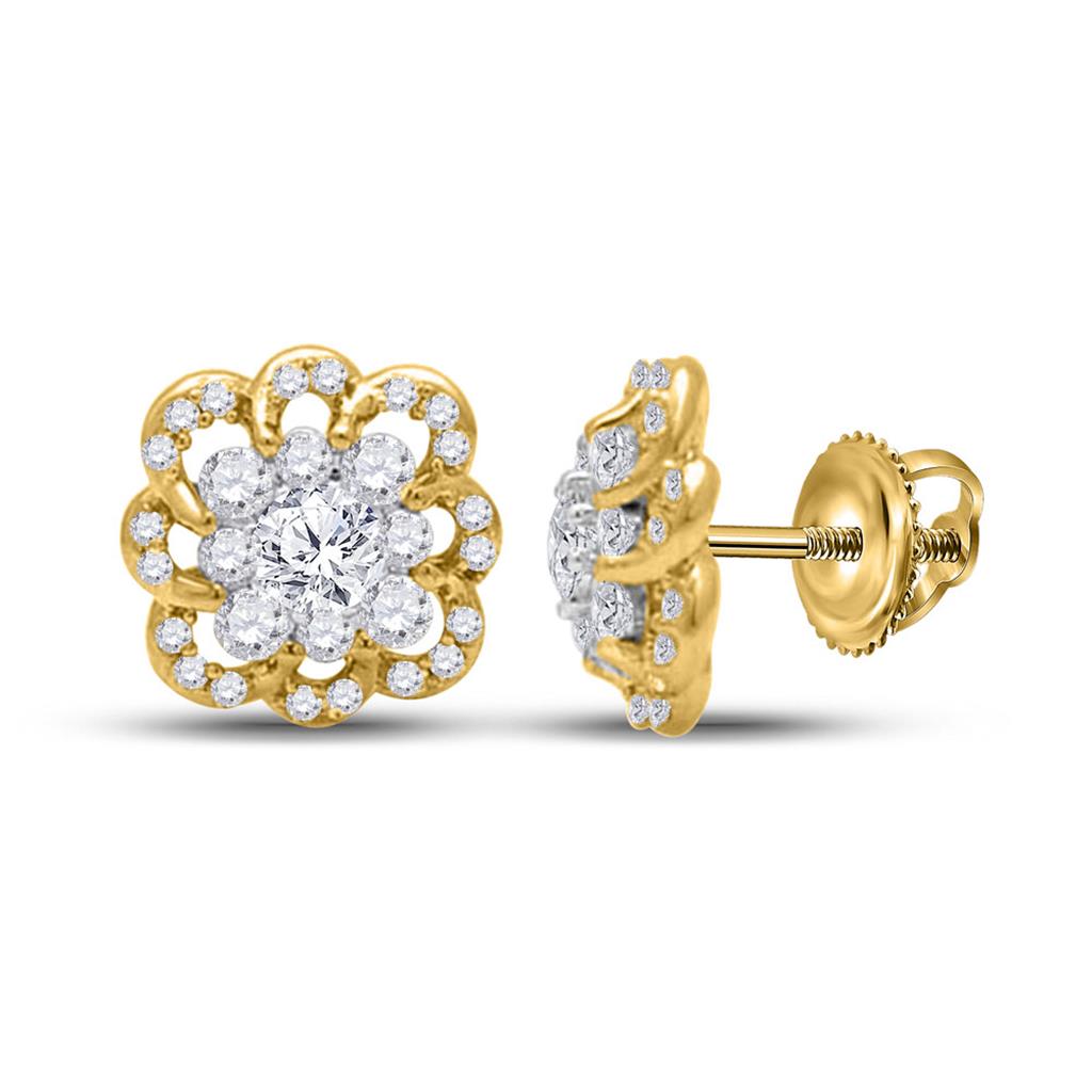 14k Yellow Gold Round Diamond Flower Cluster Earrings 1/2 Cttw