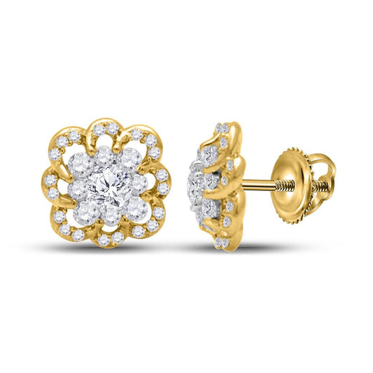 14k Yellow Gold Round Diamond Flower Cluster Earrings 1/2 Cttw