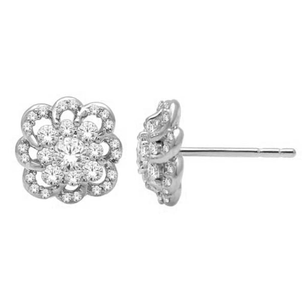14k White Gold Round Diamond Flower Cluster Earrings 1/2 Cttw