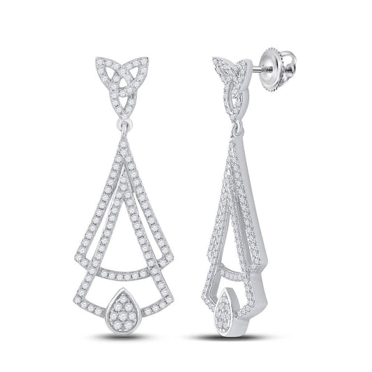 14k White Gold Round Diamond Triangle Dangle Earrings 3/4 Cttw
