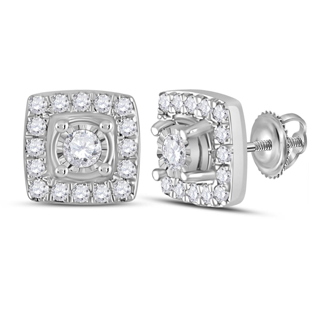 14k White Gold Round Diamond Square Earrings 1/5 Cttw