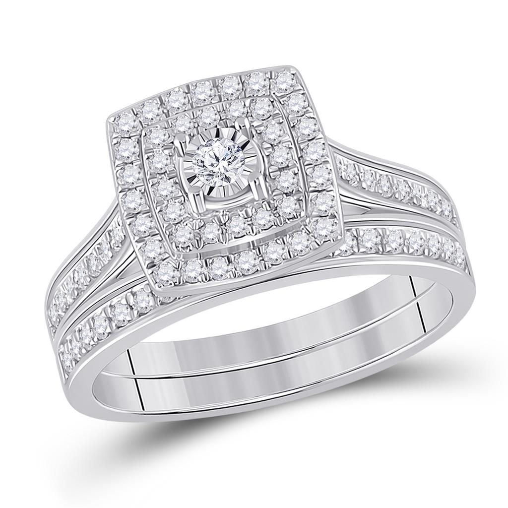 14k White Gold Round Diamond Halo Bridal Wedding Ring Set 1/2 Cttw