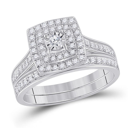 14k White Gold Round Diamond Halo Bridal Wedding Ring Set 1/2 Cttw