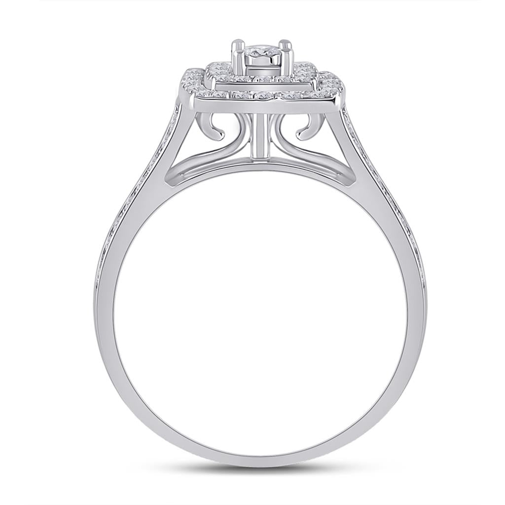 14k White Gold Round Diamond Halo Bridal Wedding Ring Set 1/2 Cttw