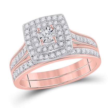 10k Rose Gold Round Diamond Halo Bridal Wedding Ring Set 1/2 Cttw