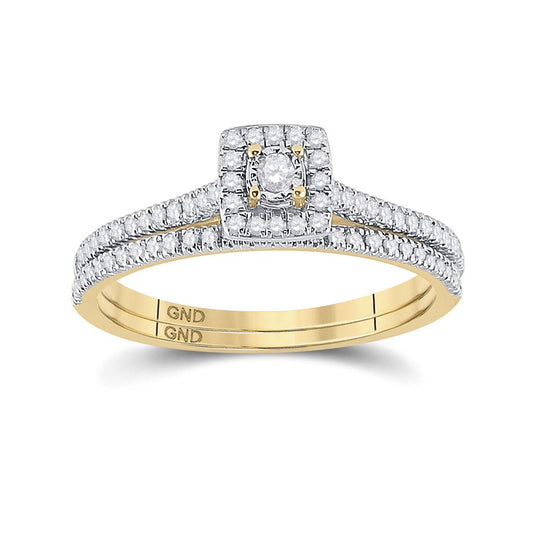 10k Yellow Gold Round Diamond Halo Bridal Wedding Ring Set 1/4 Cttw