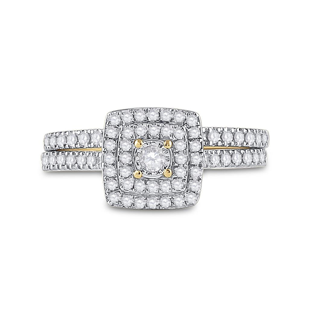10k Yellow Gold Round Diamond Halo Bridal Wedding Ring Set 1/2 Cttw