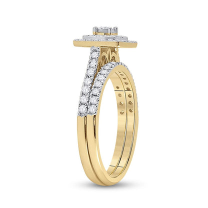 10k Yellow Gold Round Diamond Halo Bridal Wedding Ring Set 1/2 Cttw