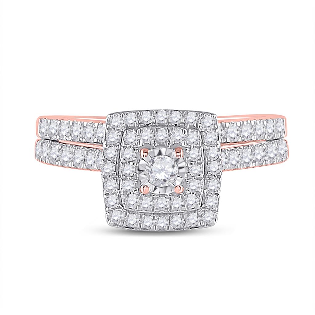 10k Rose Gold Round Diamond Halo Bridal Wedding Ring Set 1/2 Cttw