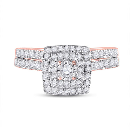 10k Rose Gold Round Diamond Halo Bridal Wedding Ring Set 1/2 Cttw