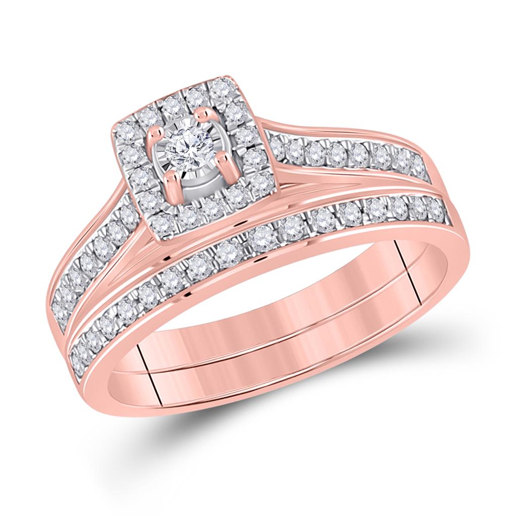 10k Rose Gold Round Diamond Halo Bridal Wedding Ring Set 1/2 Cttw