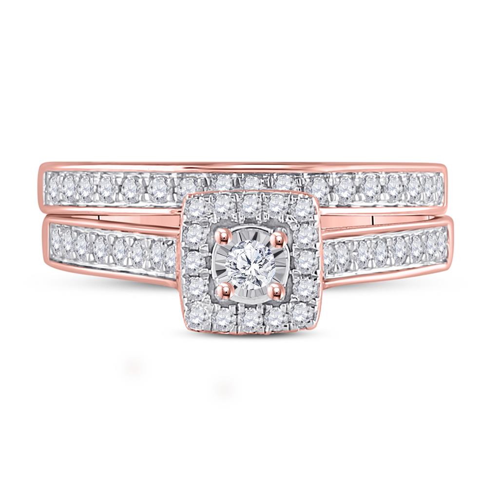 10k Rose Gold Round Diamond Halo Bridal Wedding Ring Set 1/2 Cttw