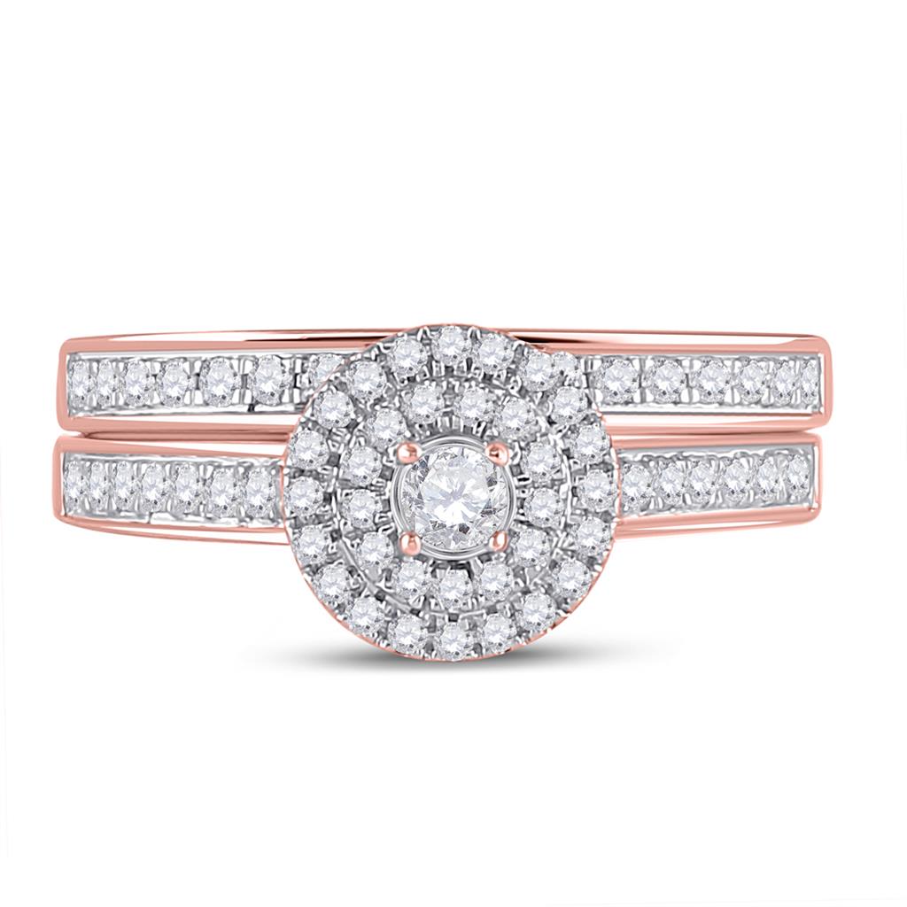 10k Rose Gold Round Diamond Halo Bridal Wedding Ring Set 1/2 Cttw