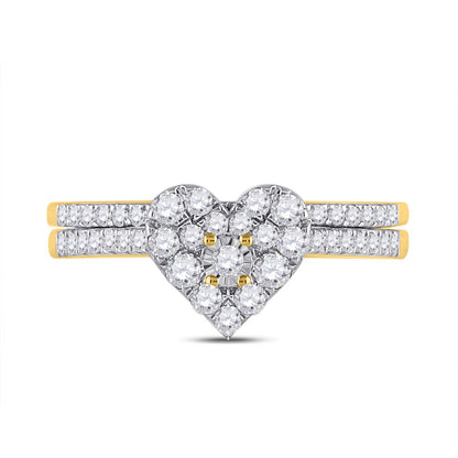 10k Yellow Gold Round Diamond Heart Bridal Wedding Ring Set 1/2 Cttw
